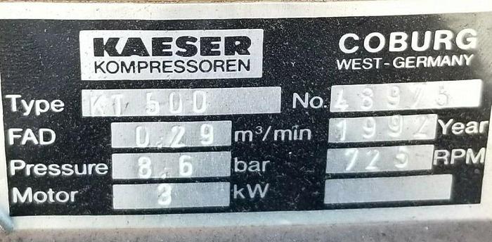 Used 5 Hp Kaeser OIL-FREE Reciprocating Air Compressor KT-500, Sound Encl. 6900 Hrs