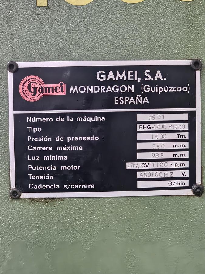 Used 1500 Metric Ton Gamei, S.A. PHG-1200/1500 Percussion Screw Press