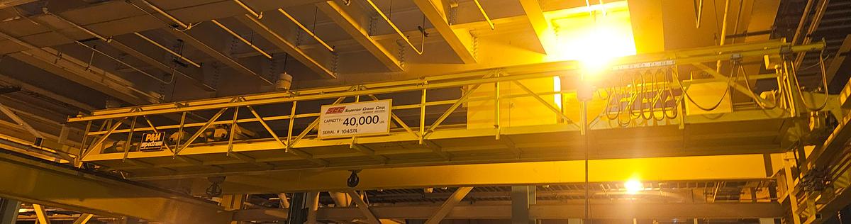 Used 20 Ton P&H Double Girder Overhead Bridge Crane 48' Span Top Running 10 Ton Hoists