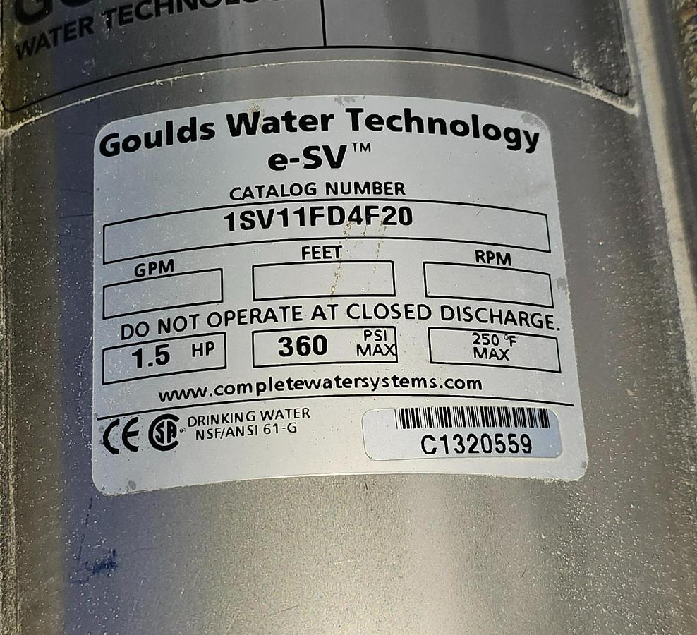Used Goulds 1.5 Hp e-SV Pump & Motor Combo 1SV11FD4F20 11 Stage 5 GPM Nominal Flow