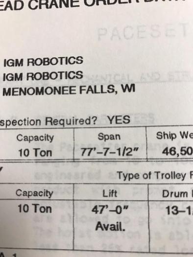 Used 10 Ton P&H Pacesetter Top Running Overhead Bridge Crane 77'-7.5" Span w/47' Lift