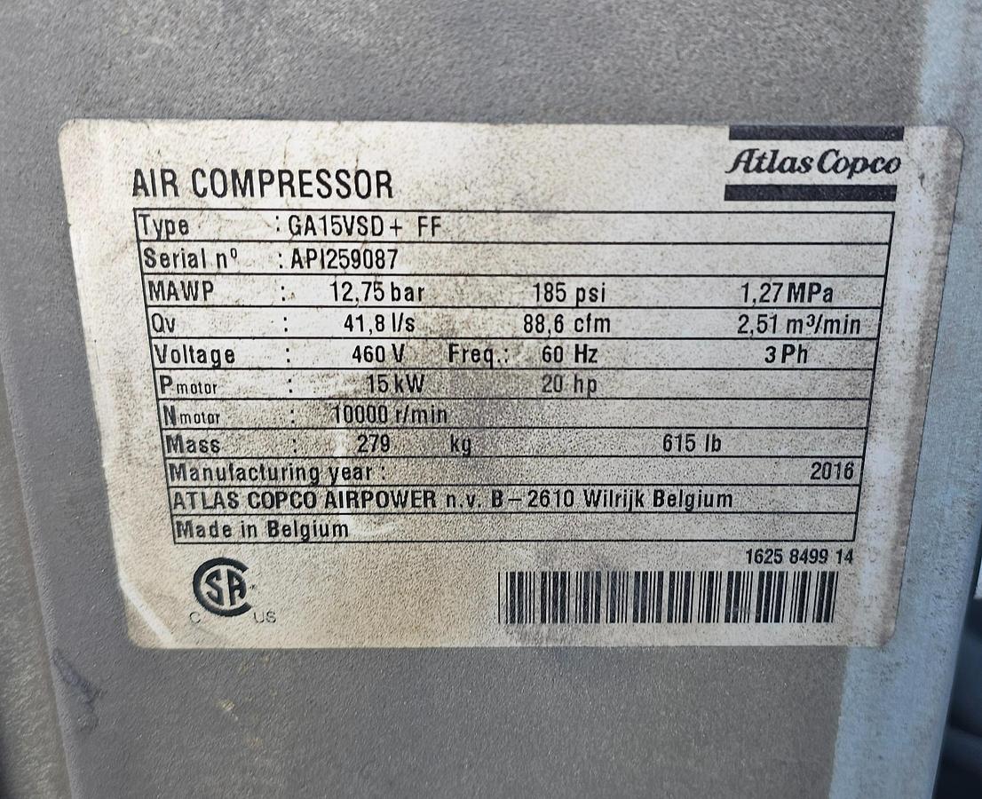 Used 2016 Atlas Copco GA15VSD+FF Rotary Screw Air Compressor, 20 Hp - 88.6 CFM