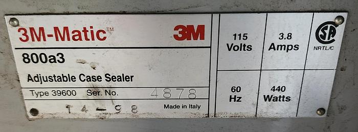Used 3M-Matic 800-A3 Side Belt Adjustable Case Sealer Accu-Glide 3 Taping Head