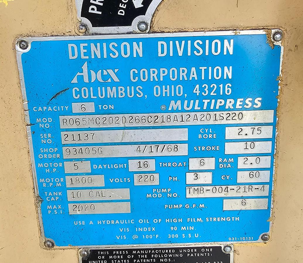Used 6-Ton Denison Multipress R065MC202D266C218A12A201S220 Hydraulic C-Frame Bench Press