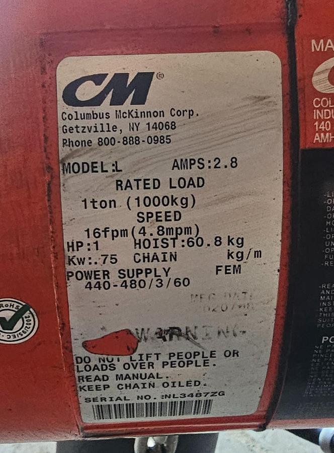 Used 1 Ton Lodestar VS Electric Chain Hoist Model L, 16 FPM Lift Speed, 440-480V 3 Phase