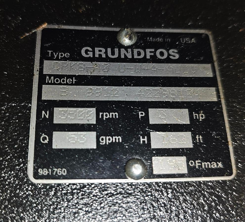 Used Grundfos CRK8-40 U-W-A-AUUV Pump 3 Hp Baldor Motor 53 GPM Flow Rate