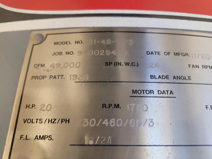 Used Hartzell 48” 20 HP Belt Drive Axial Ventilation Fan 49,000 CFM Flow Rating