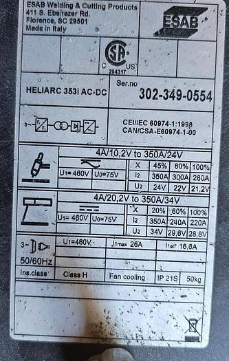 Used 350 Amp Esab Heliarc 353i AC-DC Arc Welder 480V, 3 Phase 
