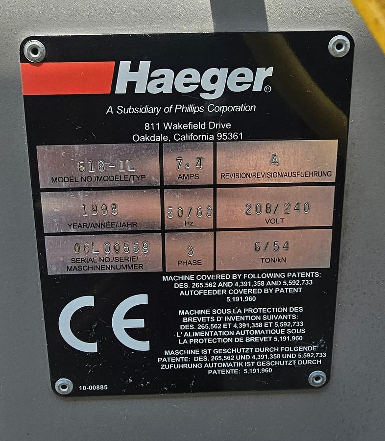 Used Haeger 618-1L Hydraulic Fastener 6-Ton Insertion Press, 18" Throat, Includes Various Tooling