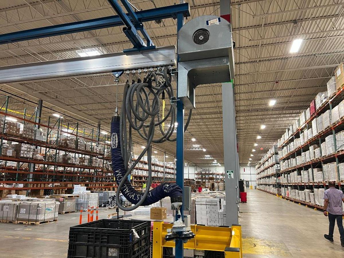 Used 250# Gorbel Twin Bridge Freestanding Crane 26' Span x 45' Runway w/ Schmalz 50 Kg Vacuum Lift Systems 