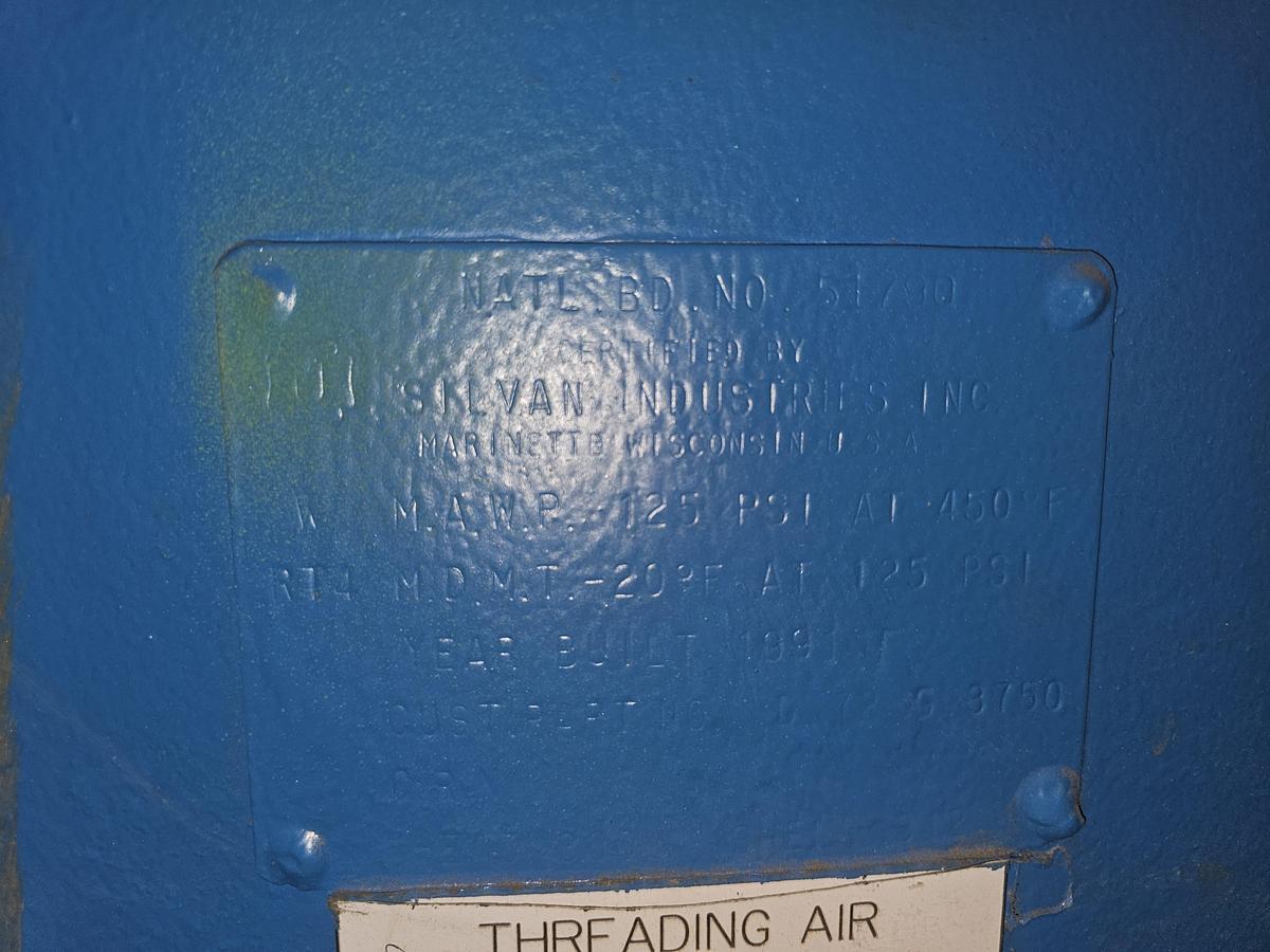 Used Silvan Industries 3750 Gallon Vertical Compressed Air Receiver Tank 125 Psi @ 450*F