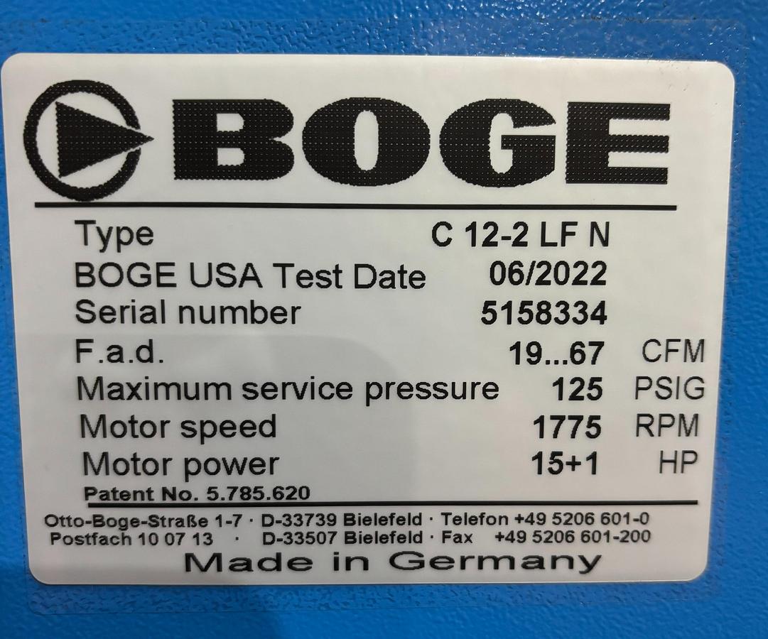 15 Hp BOGE C12-2LFN Variable Speed 15-67 CFM Rotary Screw Compressor - 0 Hours, 2022