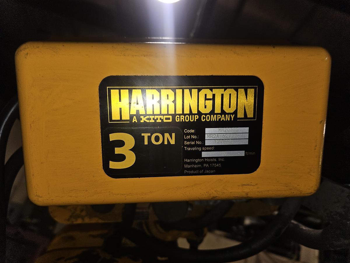 Used 3 Ton Harrington ER030C Electric Chain Hoist & Power Trolley MR2030S 