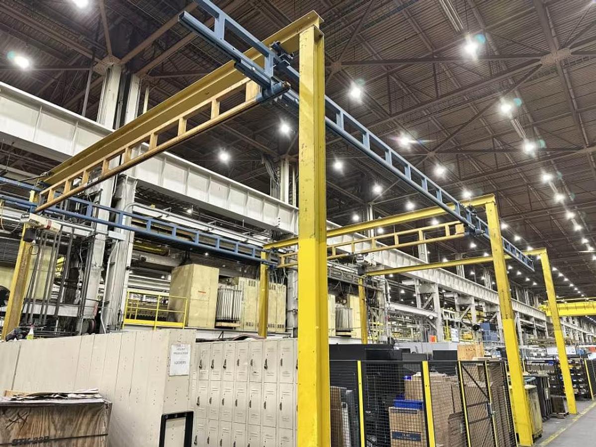 Used 1000# Gorbel 25' Span x 45' Free Standing Twin Bridge Crane System & 1/4 Ton Hoists