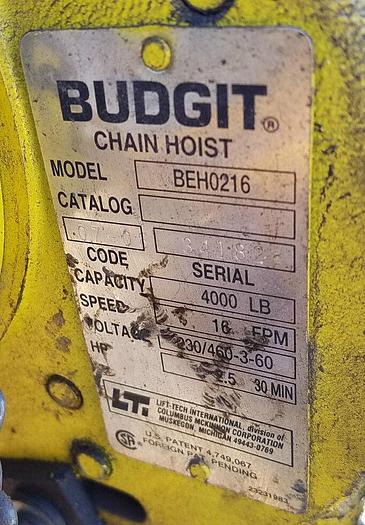 Used Budgit 2 Ton Electric Chain Hoist Mdl #BEH0216 16 FPM w/Manual Trolley & Pendant