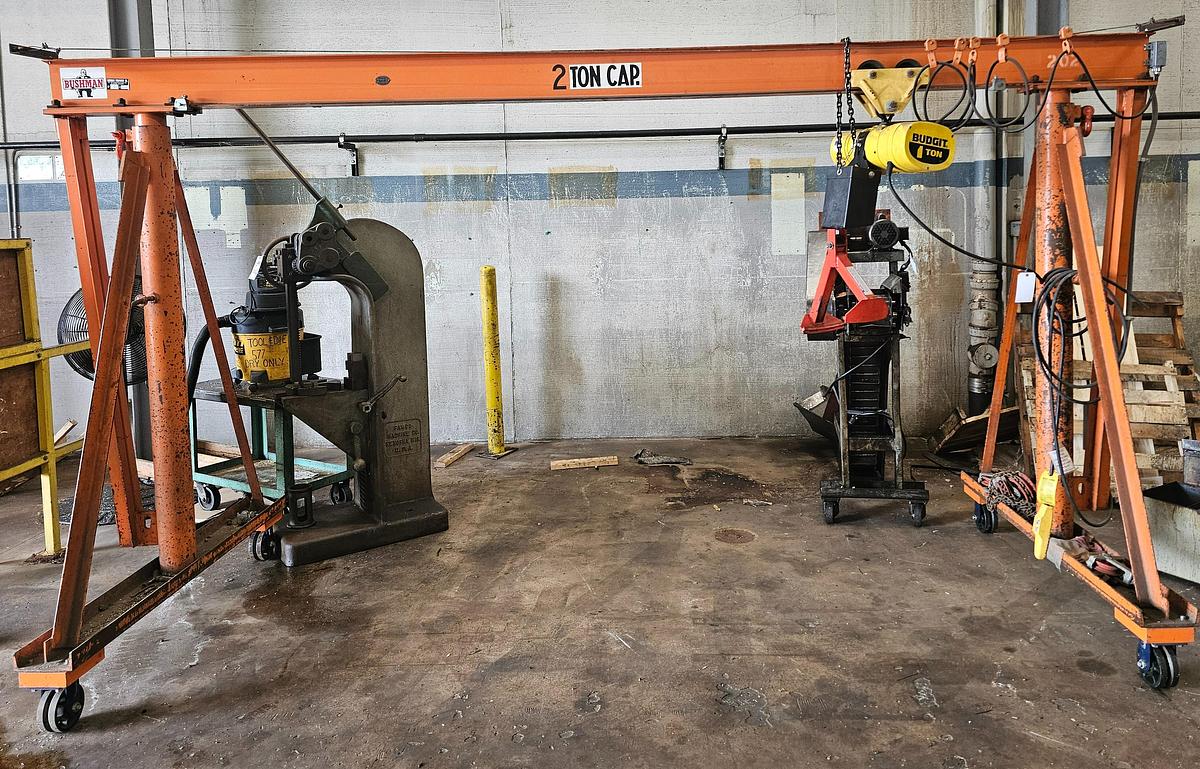 Used 2 Ton Bushman 12' Span Adjustable Height Portable Gantry Crane & Electric Hoist
