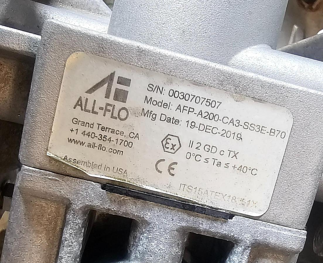 Used 2019 All-Flo A200 2" Stainless Steel Diaphragm Pump A200-CA3-SS3E-B70 (190 GPM)