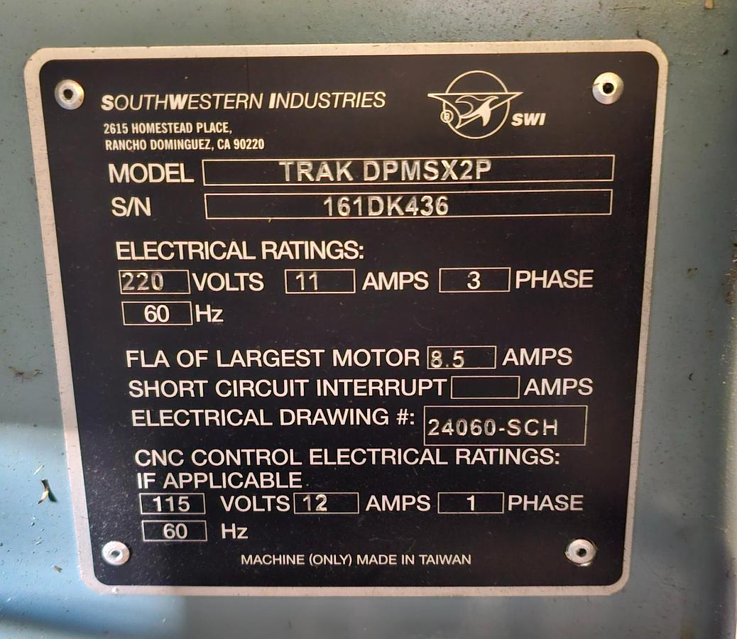 Used SWI Southwestern Industries TRAK DPM3X2P 3-Axis CNC Milling Machine & Kurt 6" Vise 