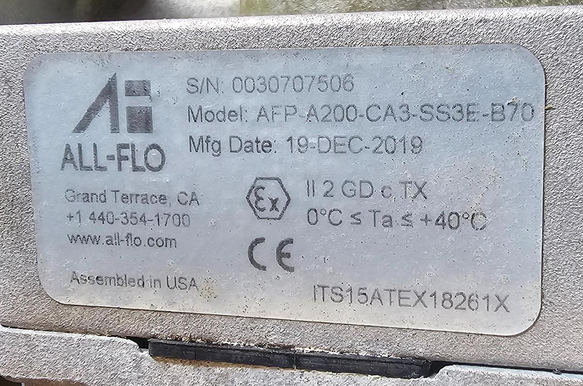 Used 2019 All-Flo A200 2" Stainless Steel Diaphragm Pump A200-CA3-SS3E-B70 (190 GPM)