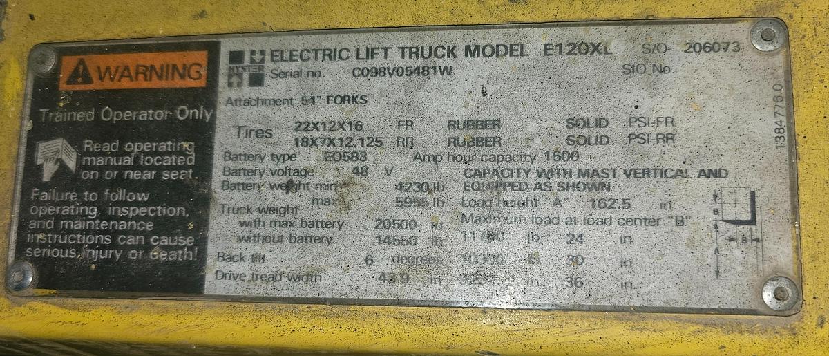 Used 1999 Hyster E120XL2 12,000# 48V Electric Forklift, 185" 3-stage mast w/sideshift, 90% Battery
