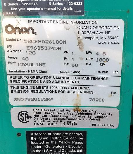 Used Onan 4.8 kW Emerald Plus 5000 Propane or Gasoline Generator 120V 1ph w/5527 Hours