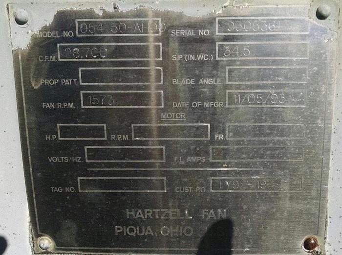 Used 18600-35000 CFM Hartzell 200 Hp Electric Paddle Whl Fan #054-50-AHZ346″ WC/SP