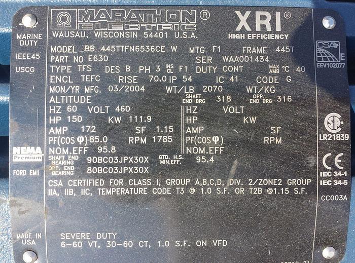 Used Marathon XRI 150 Hp Marine/Hazardous Duty Electric Motor