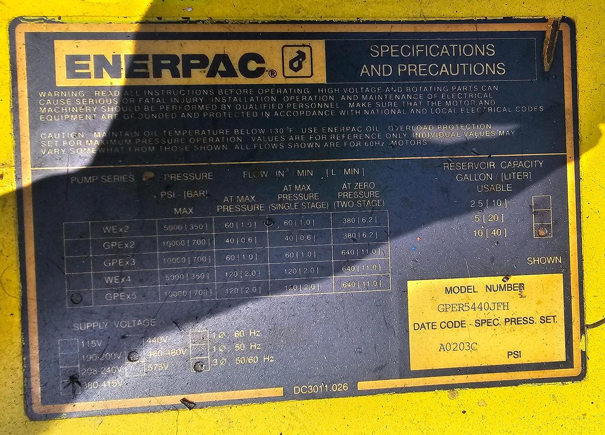 Used 2.5/3 Hp Enerpac GPER5440JFM Electric Hydraulic Pump 10,000 PSI