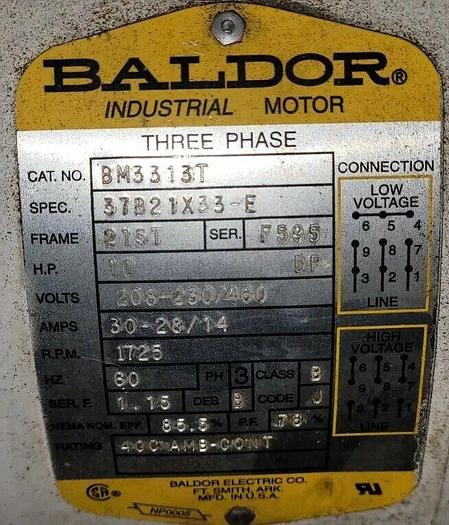 Used Baldor 10 Hp Motor #BM3313T, 215T Frame, 1725 RPM, 208-230/460/3/60, w/Brake