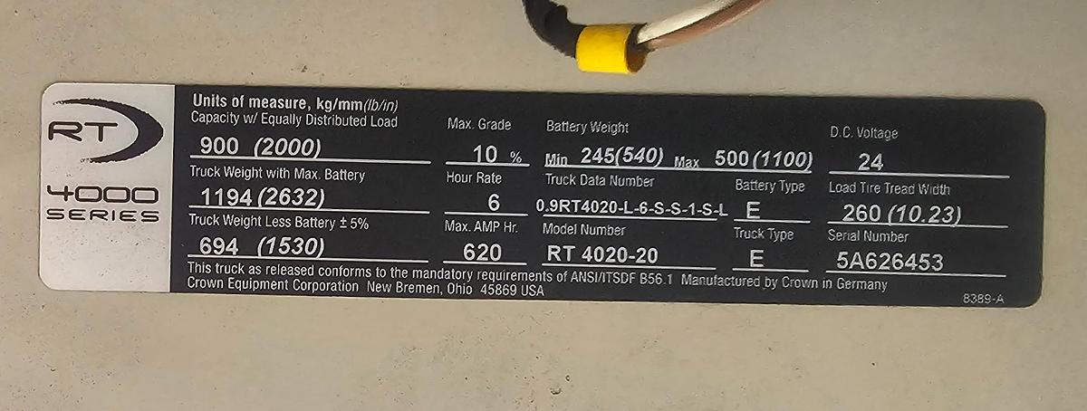 Used 24 Volt Crown RR 4000 Series Ride-On Pallet Jack RT 4020-20 w/Charger