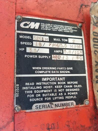 Used 2 Ton CM #5201H Lodestar XL Electric Chain Hoist 460V-3-60, 15′ Lift – 18 FPM