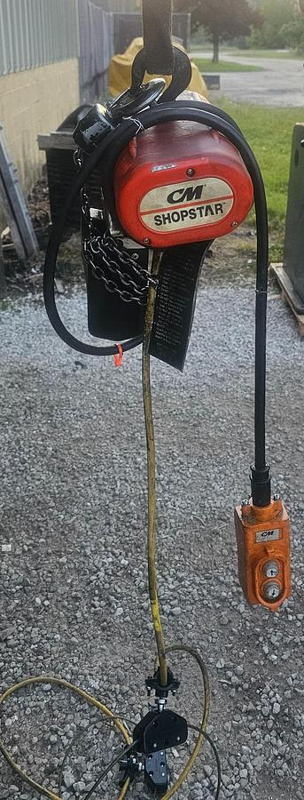 Used Gorbel 250# 1/8 Ton Freestanding Modular Jib Crane 10' Under Beam x 100" Arm & CM Shopstar 300# Hoist