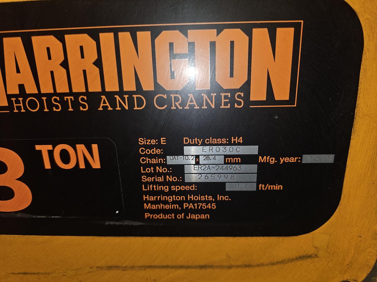 Used 3 Ton Harrington ER030C Electric Chain Hoist & Power Trolley MR2030S 