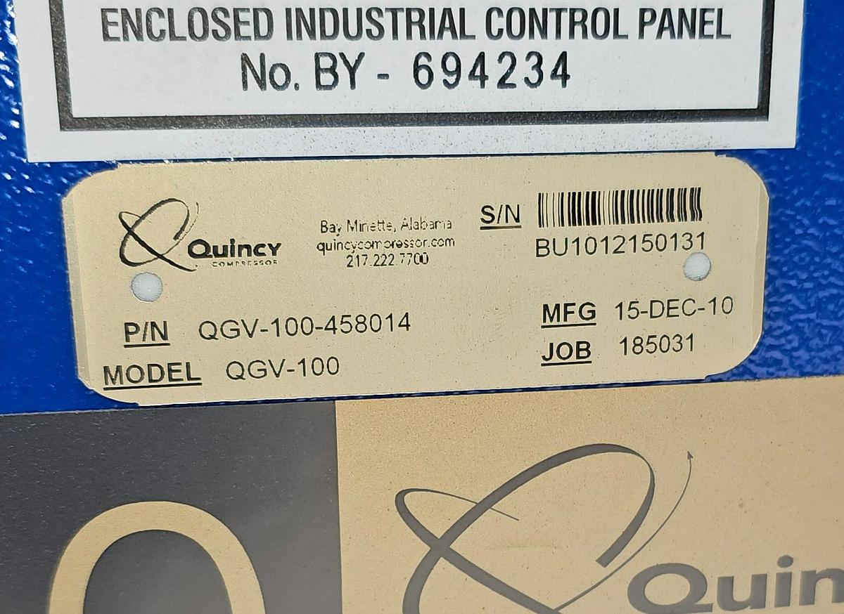 Used 2010 Quincy QGV-100 VFD 100 Hp Rotary Screw Air Compressor 125 Psi / 510 CFM