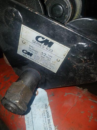 Used 1,000 lb CM #F 1/2 Ton Hoist w/CM Series 633 1/2 Trolley & Pendant 15′ Lift