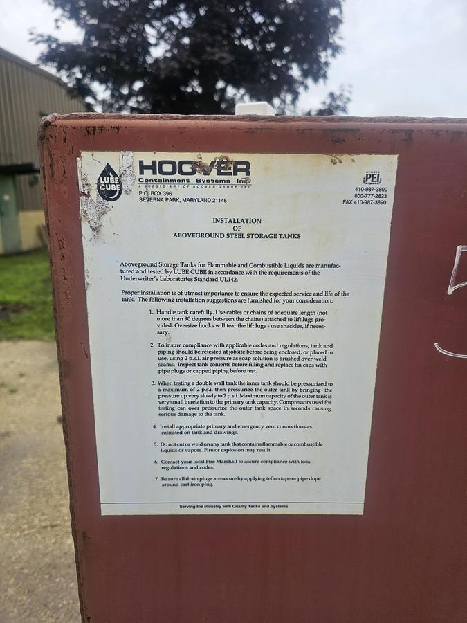 Used 500 Gallon Hoover Lube Cube Above Ground Fuel Storage Tank 