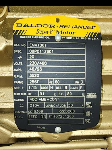 Baldor EM4106T Super E Three Phase General Purpose Motor 3520 RPM