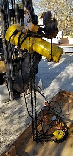 Used Budgit 2 Ton Electric Chain Hoist Mdl #BEH0216 16 FPM w/Manual Trolley & Pendant