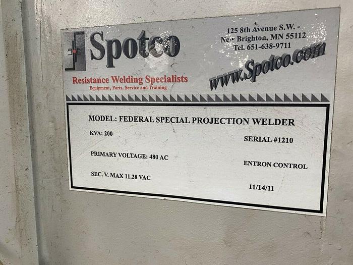 Used Spotco 200 KVA Resistance Type Single Phase Spot Welder 18” Throat Entron Control