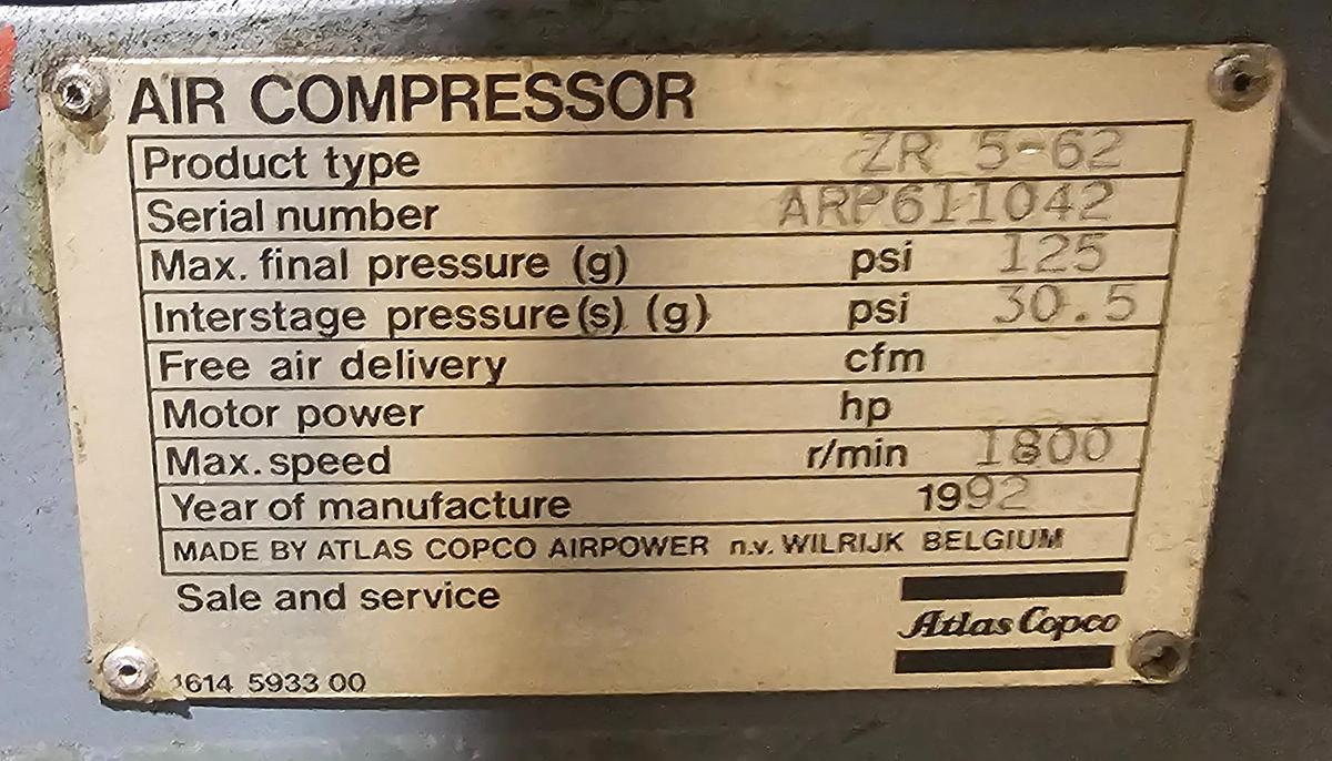 Used 450 Hp Atlas Copco ZR5 Oil Free 2050 CFM Rotary Screw Air Compressor - 34208 Hours