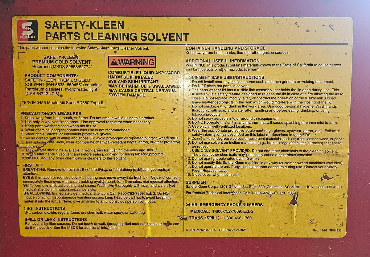 Used Safety Kleen 34" x 24" Model 34 Solvent Parts Washer Part #: 1134 