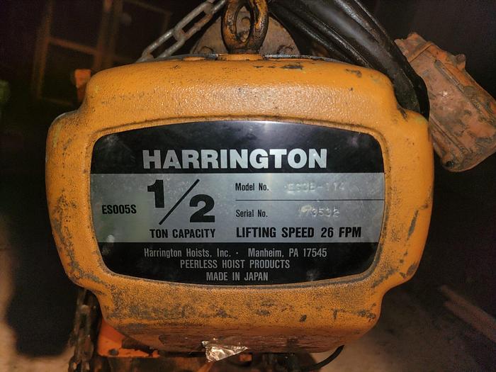 Used Harrington ES005S Series 1/2 Ton Electric Chain Hoist ES3B-114 26 FPM Lift Speed