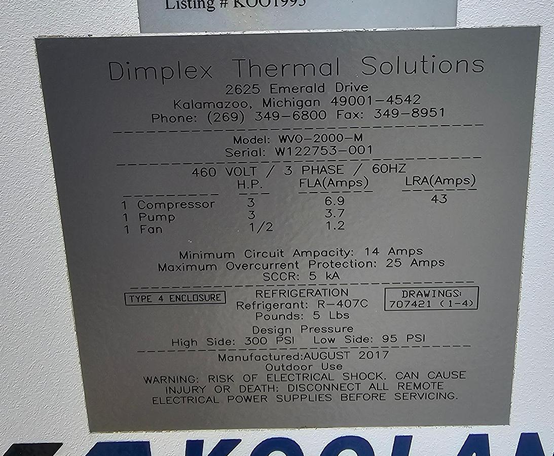 Used 2-Ton Dimplex / Koolant Koolers Air-Cooled Industrial Chiller | WV0-2000-M | 460V