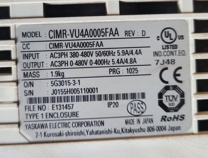 Used Yaskawa CIMR-VU4A0005FAA Motor Drive Revision D 0-480V 0-400Hz Type 1 Enclosure