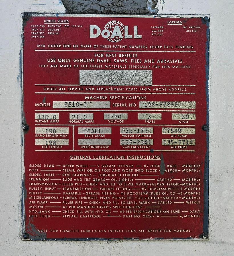 Used 26" Doall 2618-3 Variable Speed Vertical Contour Bandsaw