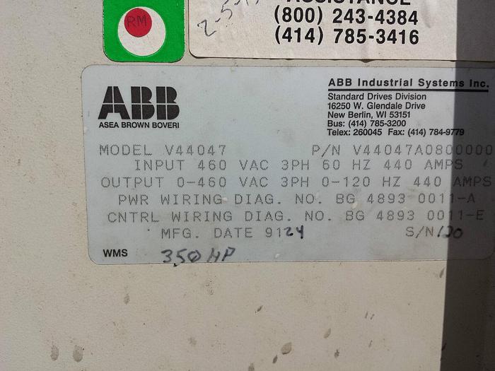 Used 350 Hp ABB FlowStar AC Variable Frequency Drive 460V, 3 ph, 0-120 Hz @ 440 Amps