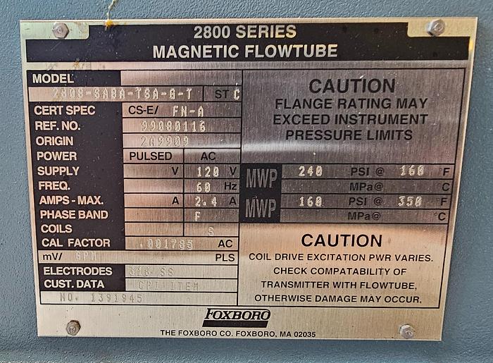 Foxboro 2800 Series 8" Magnetic Flow Tube 2808-SABA-TSA-G-T