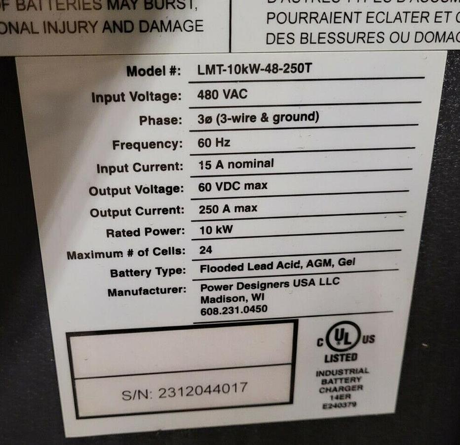 Used Power Designers 48V Industrial Battery Charger LMT-10kW-48-250T