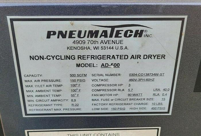 Used Pneumatech AD-500 Non-Cycling Refrigerated Air Dryer 500 SCFM