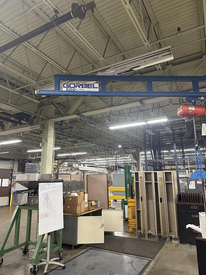 Used 500# Gorbel Freestanding Jib Crane 8' Under Beam x 100" Arm Length & CM Hoist